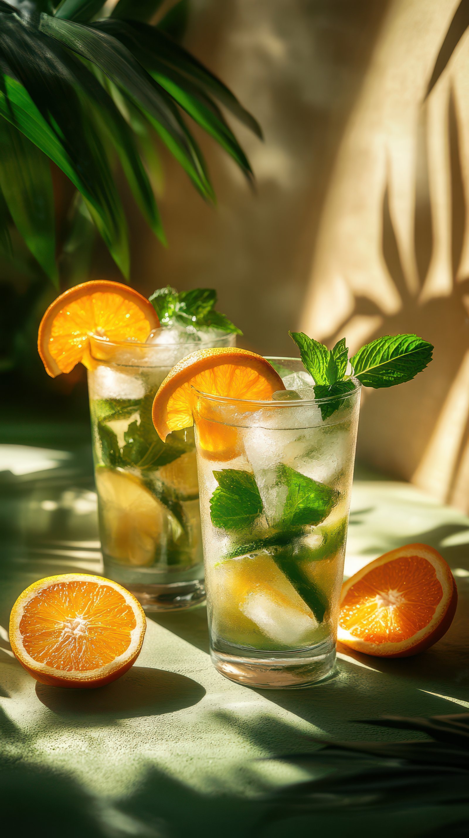 Refreshing citrus mocktail garnished with mint and orange slices on a sunny day